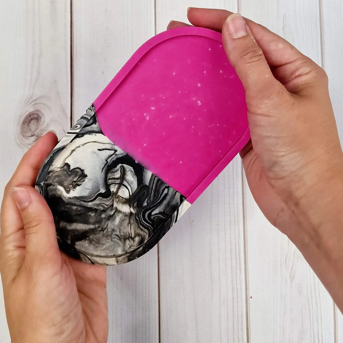 decorative resin tray in pink and black&white that is made from diy resin casting kit